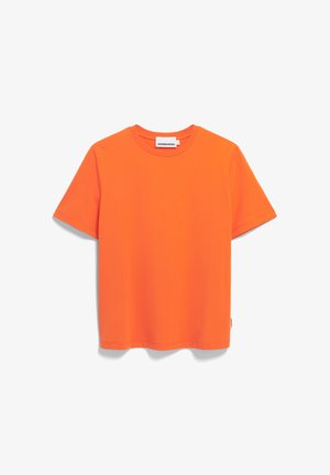 Korte mouwen T-shirt in fel oranje katoen. Heeft een ronde halslijn en een rechte zoom. Label zichtbaar aan de achterkant. Glad textuur.