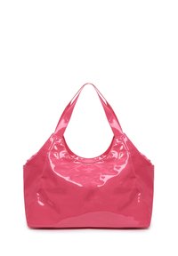 Borsa tote lucida rosa con forma arrotondata, doppie maniglie e superficie liscia. Presenta un interno ampio senza hardware visibile.