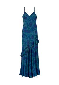 Abito da sera senza maniche in teal con motivo floreale, caratterizzato da un orlo arricciato, spalline sottili e una silhouette aderente.