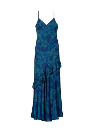 Abito da sera senza maniche in teal con motivo floreale, caratterizzato da un orlo arricciato, spalline sottili e una silhouette aderente.