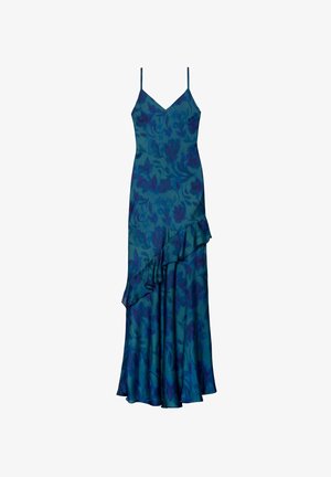 Vestido de noche sin mangas en verde azulado con un patrón floral, que presenta un dobladillo con volantes, tirantes finos y una silueta ajustada.