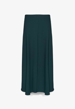 Długa, ciemno-skalna spódnica o gładkiej fakturze, z rozkloszowanym dołem i prostym wzorem. Posiada prostą sylwetkę i bezszwowy pas.