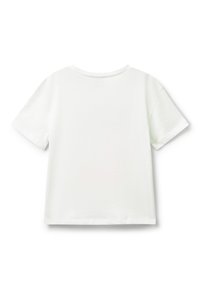 Bílý bavlněný tričko s krátkým rukávem a kulatým výstřihem, s volným střihem a hladkou texturou. Jednoduchý design bez viditelných detailů.