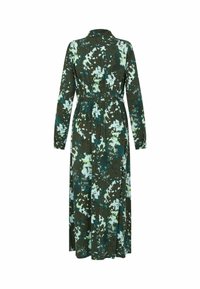 Robe à manches longues, longueur cheville, avec motif floral abstrait en vert foncé, bleu et blanc, dotée d'un col et d'une ceinture à la taille, vue de dos.