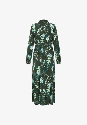 Rochie cu mâneci lungi, lungime până la gleznă, cu model floral abstract în verde închis, albastru și alb, având guler și cordon în talie, prezentată din spate.