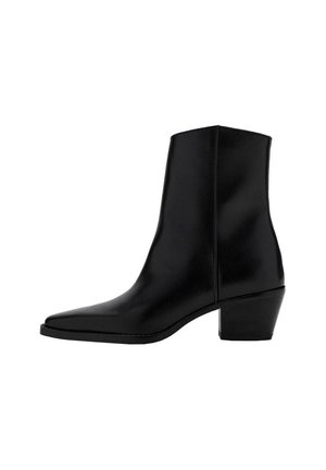 Bottine noire en cuir avec bout pointu et petit talon bloc, finition lisse et détail de couture latérale.