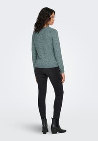 Pilkai žalias megztinis su apvalia apykakle; dėvimas su juodais siaurais džinsais ir aulinukais. Megztinis turi tekstūruotą paviršių ir rastelinę apvadą.