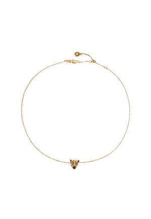 Collar de cadena de oro con un colgante de cabeza de leopardo texturizada en el centro. Diseño elegante con una cadena de eslabones finos y cierre de gancho.