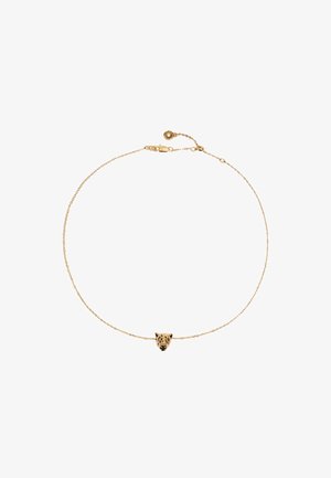 Gouden ketting met een textuur van een luipaardkop als hanger in het midden. Strak ontwerp met een fijne schakelketting en haaksluiting.