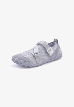Light grey athletic shoe with a mesh upper, featuring a strap and buckle closure, textured sole, and curved toe design.