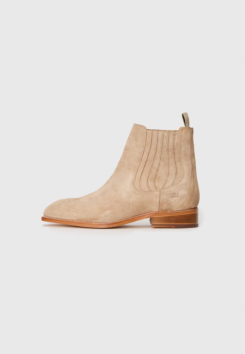 Bottines en suédine beige avec un bout pointu, des panneaux latéraux élastiques et un petit talon. Présente une étiquette de marque à l'arrière. Texture lisse.