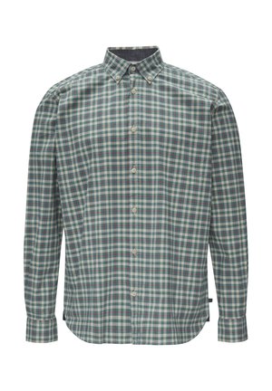 Koszula z długim rękawem z bawełny w niebieską, zieloną i burgundową kratę. Posiada kołnierzyk zapinany na guziki oraz zaokrąglony dół.