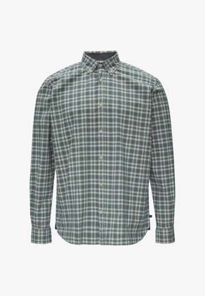 Koszula z długim rękawem z bawełny w niebieską, zieloną i burgundową kratę. Posiada kołnierzyk zapinany na guziki oraz zaokrąglony dół.