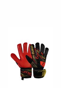 Rote und schwarze Torwarthandschuhe mit strukturierten Handflächen, einem lebendigen Design mit goldenen Akzenten und verstärkten Handgelenkriemen für zusätzlichen Halt.