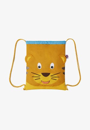 Yellow drawstring bag featuring a lion design, with a blue top, playful facial features, and brown accents. Textured fabric with smooth details.