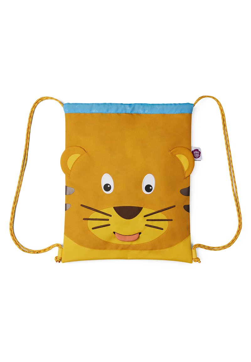Yellow drawstring bag featuring a lion design, with a blue top, playful facial features, and brown accents. Textured fabric with smooth details.
