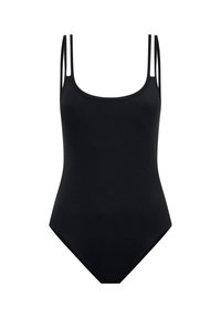 Maillot de bain une pièce noir avec des bretelles fines, un décolleté dégagé et une texture lisse et extensible. Design simple sans motifs ou détails supplémentaires.