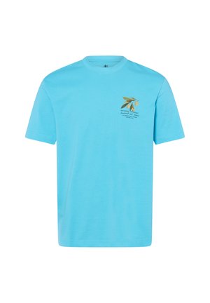 Jasnoniebieska koszulka z krótkim rękawem z małym motywem gałązki i napisem na lewej piersi: "ocean breeze mind at ease".