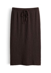 Dark brown textured midi skirt with elastic waistband and front tie closure, photographed on a white background.