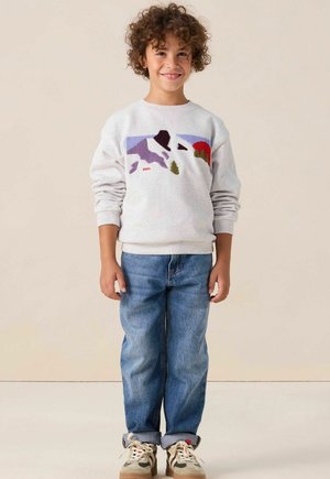 Grijze sweatshirt met een kleurrijk berglandschap ontwerp, gecombineerd met lichtblauwe denim jeans en beige sneakers met patroonaccenten.