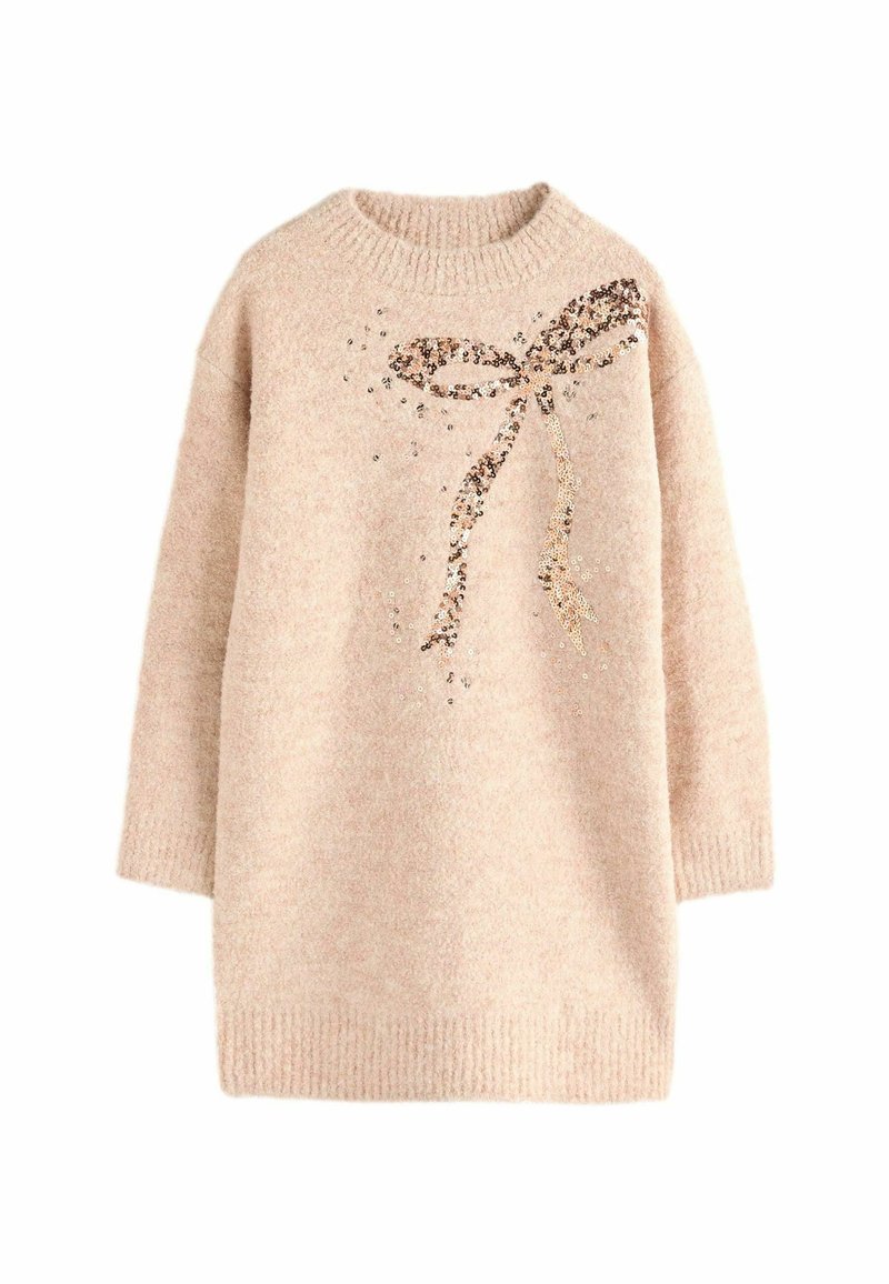 Pull en tricot beige avec col rond, présentant un design de nœud orné de sequins sur le devant et des poignets et un ourlet côtelés.