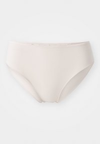 Lyst beige høy midje bikini-truser laget av glatt, elastisk stoff. Har myk elastisk midjebånd og sømløse sider for komfort.