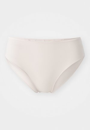 Lyst beige høy midje bikini-truser laget av glatt, elastisk stoff. Har myk elastisk midjebånd og sømløse sider for komfort.