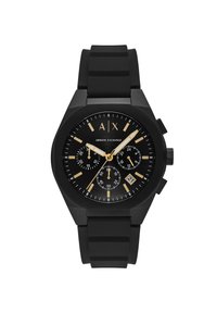 Montre chronographe noire avec un cadran rond, des accents dorés et un bracelet en silicone texturé. Comprend trois sous-cadrans et un affichage de la date.