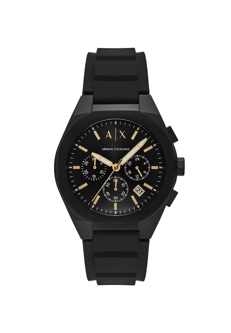 Montre chronographe noire avec un cadran rond, des accents dorés et un bracelet en silicone texturé. Comprend trois sous-cadrans et un affichage de la date.