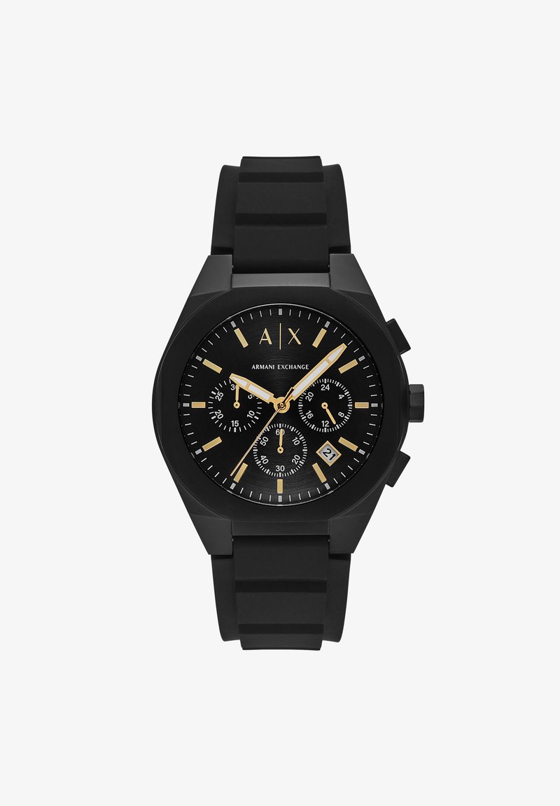 Black chronograph watch with a round face, gold accents, and a textured silicone strap. Features three sub-dials and a date display.