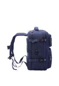 Navy blue backpack featuring multiple zippered compartments, adjustable straps, and side buckles; made of durable fabric with textured accents.