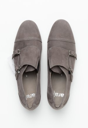 Gray suede shoes with a rounded toe, dual buckles, and contrasting white stitching. Interior features a textured insole for comfort.