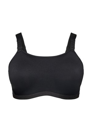 Sujetador deportivo negro con tirantes anchos ajustables y copas sin costuras diseñadas para soporte y comodidad.