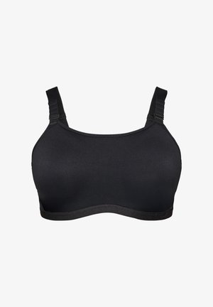 Sujetador deportivo negro con tirantes anchos ajustables y copas sin costuras diseñadas para soporte y comodidad.