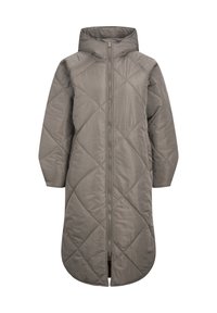 Abrigo largo, con capucha, acolchado en gris apagado. Presenta un cierre frontal, un patrón de costura diagonal y bolsillos laterales. Textura de tela suave y brillante.