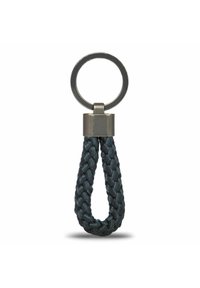 Portachiavi intrecciato in materiale sintetico blu scuro con un anello circolare metallico argento e un pezzo decorativo, caratterizzato da una superficie liscia e una forma arrotondata.
