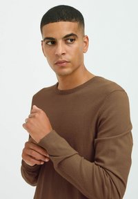 Pulover lung maro cu mâneci lungi, decolteu rotund, manșete ribbate și o textură netedă. Design ajustat pe un fundal neutru.