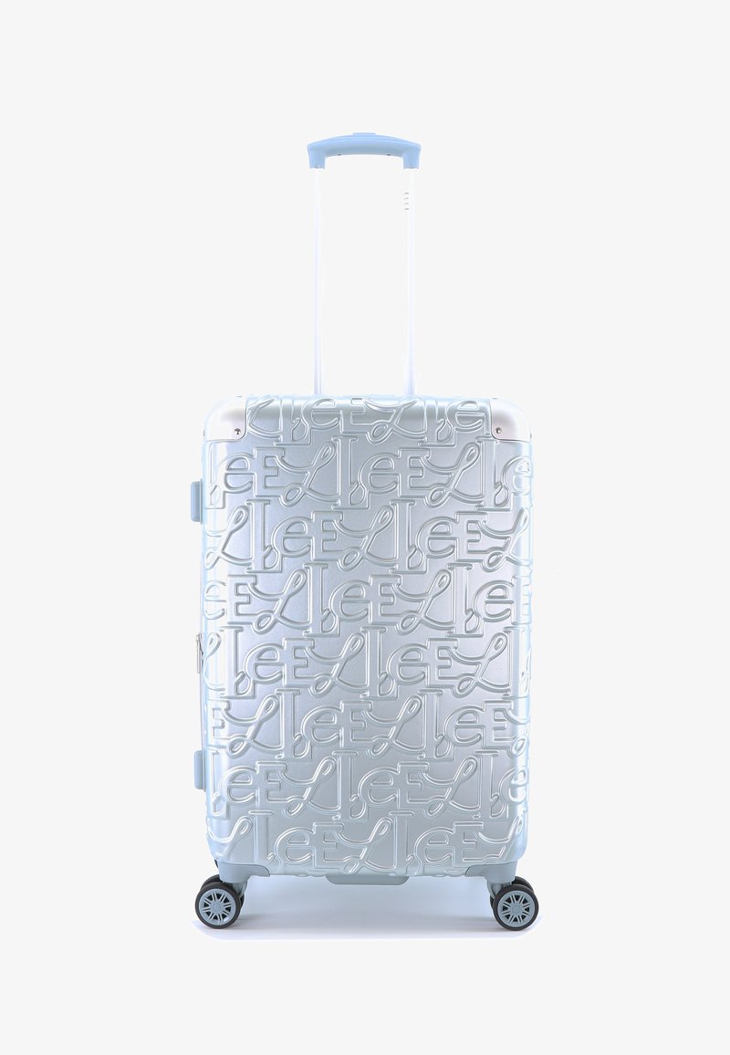 Silver hard-shell suitcase with embossed pattern, retractable handle, and two wheels. Glossy finish, light blue accents, sleek rectangular shape.