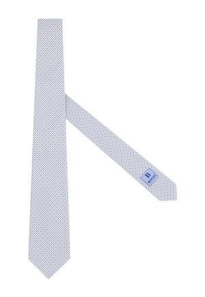 Jasnoniebieski krawat z małym, powtarzającym się wzorem geometrycznym w wielu kolorach, z prostokątną metką blisko końcówki z marką "BOGGI".