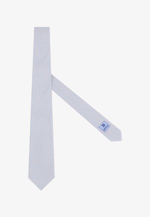 Corbata azul claro con pequeño patrón geométrico multicolor repetitivo, con una etiqueta rectangular cerca de la punta con la marca "BOGGI".