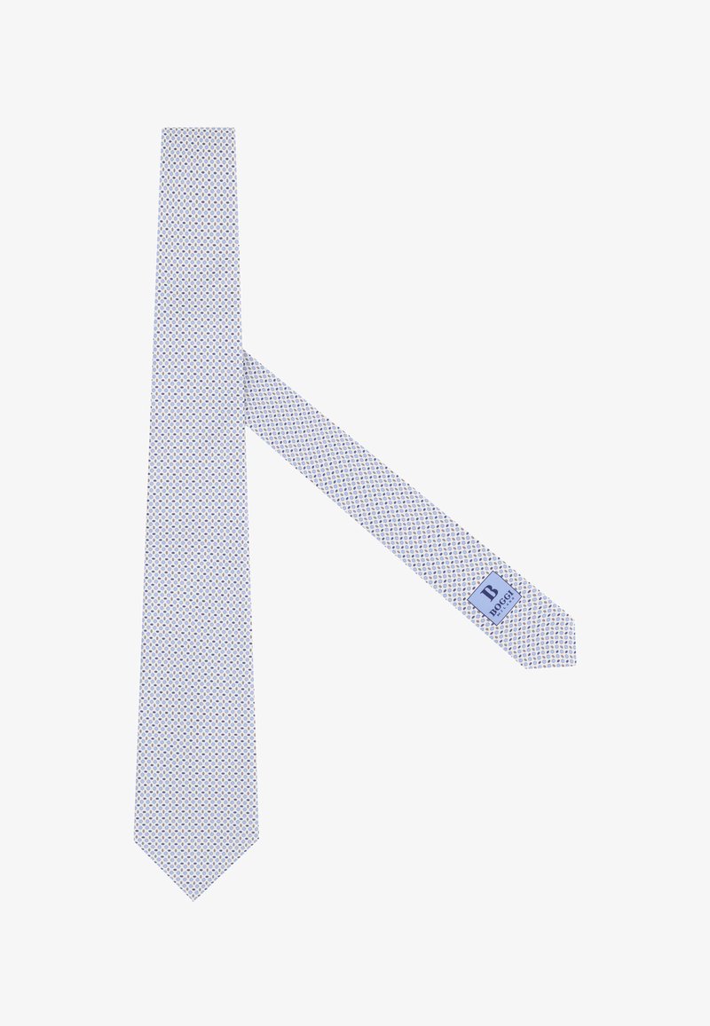 Cravate bleu clair avec un petit motif géométrique multicolore répétitif, comportant une étiquette rectangulaire près de la pointe portant la marque "BOGGI".