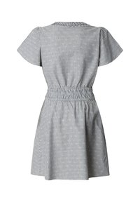 Haljina kratkih rukava sa sivim i bijelim prugama, sakupljenog struka i malim cvjetnim uzorkom, prikazana s leđa.