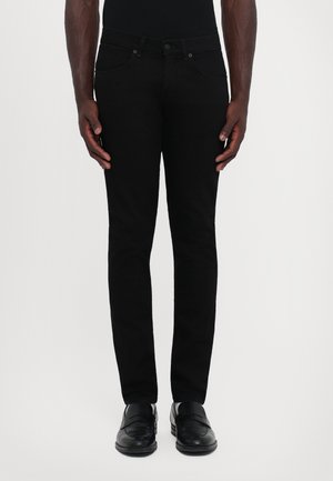 Black slim-fit jeans made of denim, featuring a standard five-pocket design, button closure, and subtle stitching details.