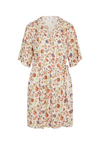 Floral wrap dress in light fabric with short sleeves, featuring a white base and colorful patterns of red, blue, and green flowers.