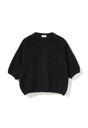 Črni pleteni pulover z okroglim izrezom, prevelikim krojem in kratkimi rokavi. Mehka tekstura z rahlo puhastim videzom. Brez vidnih vzorcev.