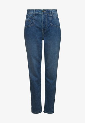 Jeans in denim di colore blu scuro con un taglio classico, dotati di tasche anteriori e un delicato dettaglio di cucitura lungo le cuciture.