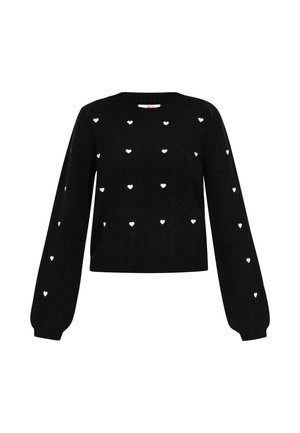 Črn pleteni pulover z diamantnim vzorcem, s majhnimi belimi srčkastimi motivi po celotnem puloverju in dolgimi rokavi. Ohlapen stil.