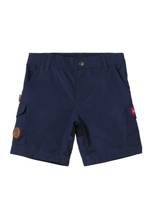 Navy blue shorts made of lightweight fabric, featuring a drawstring waist, side pockets, and a patch logo. No patterns or embellishments.