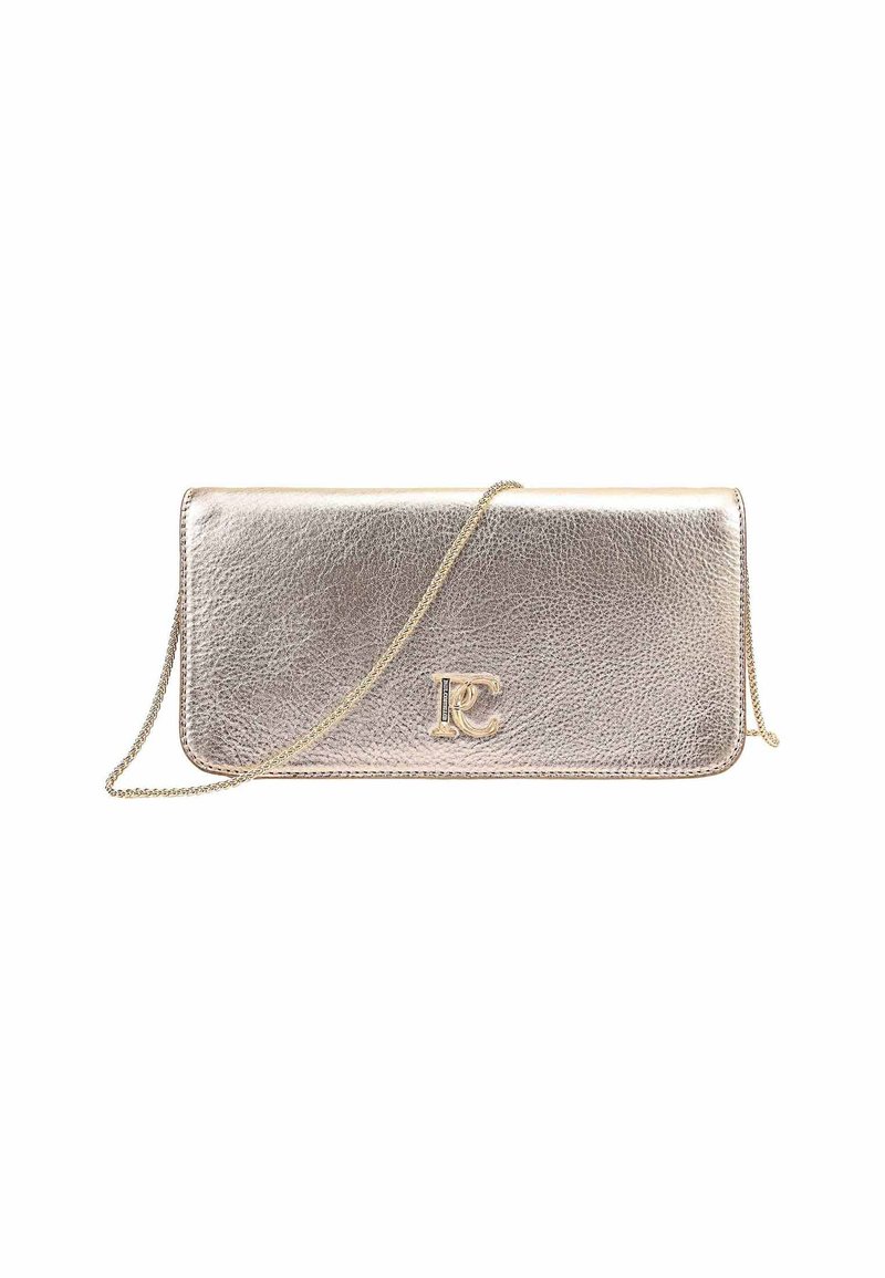 Metallic rose gold clutch with a textured leather finish, featuring a gold chain strap and a signature logo accent on the front.