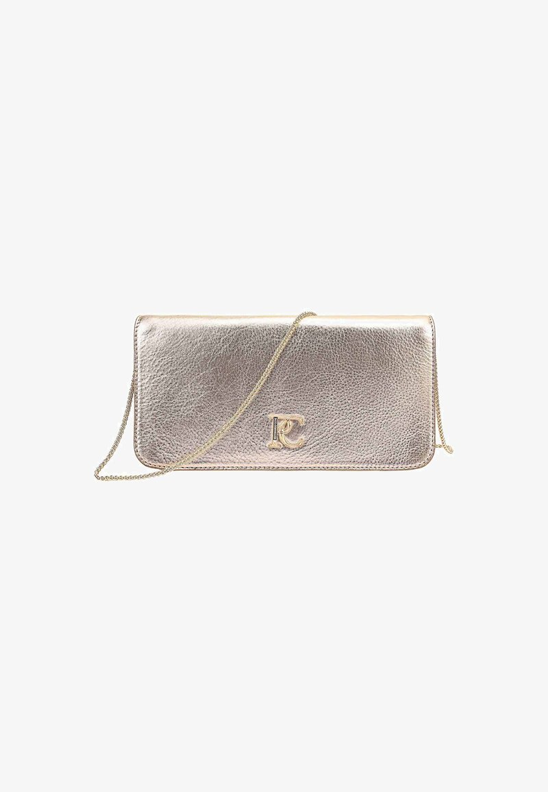 Metallic rose gold clutch with a textured leather finish, featuring a gold chain strap and a signature logo accent on the front.